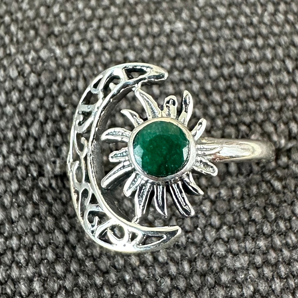 Green Emerald‎ 925 Sterling Silver Sun and Moon Ring Celestial Boho Sz 6.75